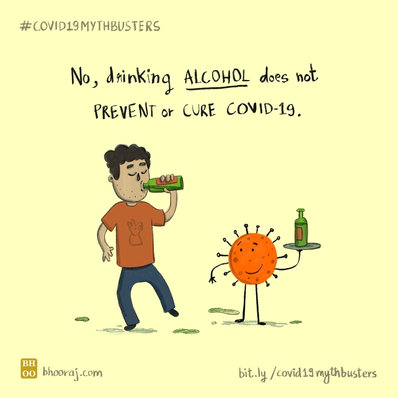 Illustration on COVID-19 myth about alcohol.